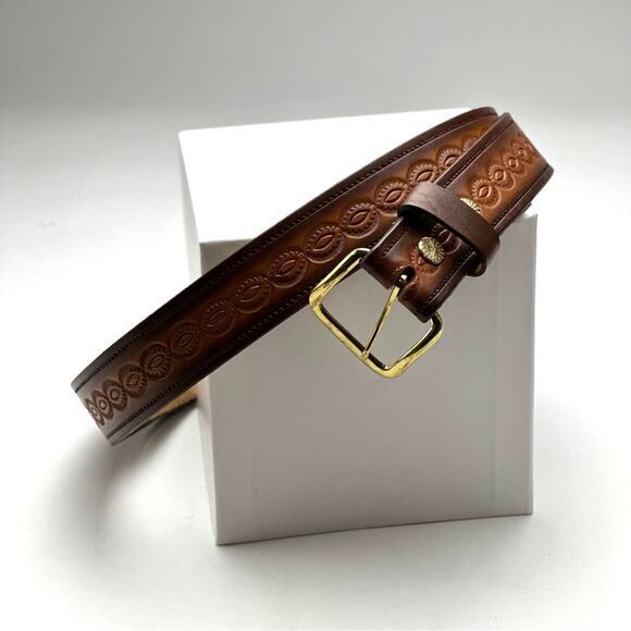 Hand tooled brown leather mens belt - Picture 1 of 5